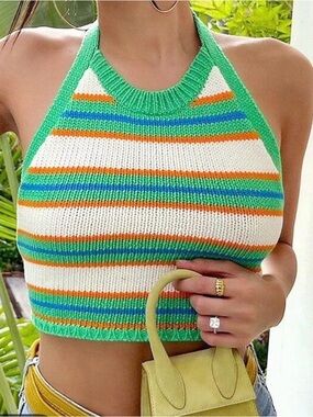 Y2K Zara Striped Knitted Halter Crop Top in Green, White, Orange & Blue